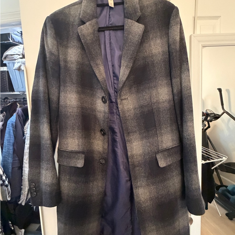Zara Gray Textured Wool-Blend Coat with Blue Lining